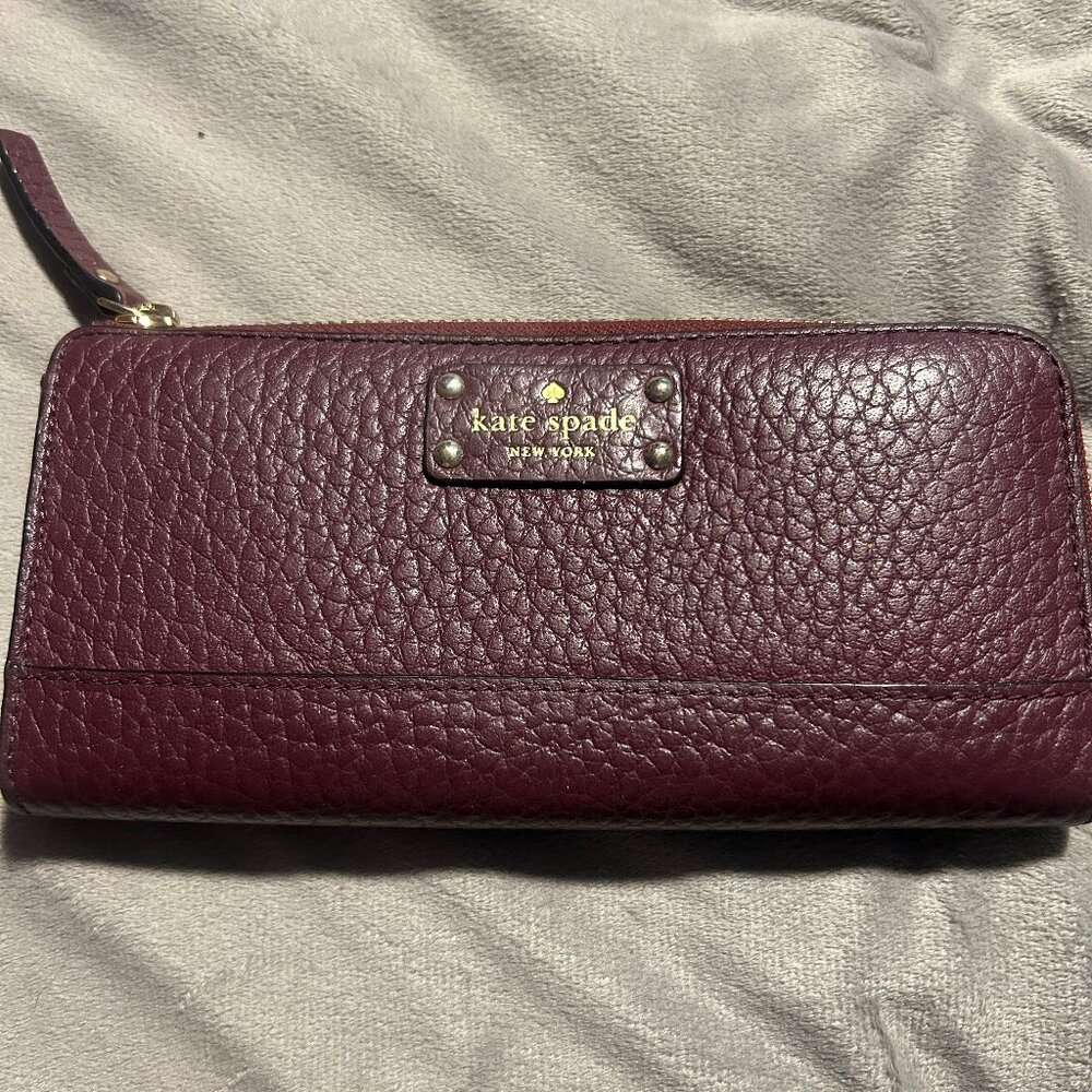 Kate Spade Pebbled Leather Zip Around Long Accordion Wallet Clutch Burgundy